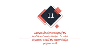 11
Discuss the shortcomings of the
traditional master budget. In what
situations would the master budget
perform well?
 
