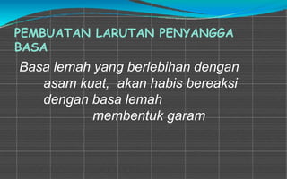PEMBUATAN LARUTAN PENYANGGA
BASA
Basa lemah yang berlebihan dengan
asam kuat, akan habis bereaksi
dengan basa lemah
membentuk garam
 
