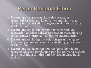  Dalam langkah pertama konselor berusaha
menunjukkan kepada klien bahwa masalah yang
dihadapinnya berkaitan dengan keyakinannya yang
tidak rasional.
 Dalam langkah kedua peranan konselor adalah
menyadarkan klien bahwa pemecahan masalah yang
dihadapinya merupakan tanggung jawan sendiri.
 Dalam langkah ketiga konselor berperan mengajak
klien menghilangkan cara berpikir dan gagasan yang
tidak rasional.
 Dalam langkah keempat peranan konselor adalah
mengembangkan pandangan-pandangan yang realistis
dan menghindarkan diri dari keyakinan yang tidak
rasional.
 