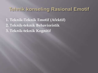 1. Teknik-Teknik Emotif (Afektif)
2. Teknik-teknik Behavioristik
3. Teknik-teknik Kognitif
 