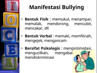 Manifestasi Bullying
• Bentuk Fisik : memukul, menampar,
memalak, mendorong, mencubit,
mencakar, dll
• Bentuk Verbal : memaki, memfitnah,
mengejek, mengancam
• Bersifat Psikologis : mengintimidasi,
mengucilkan, mengabaikan dan
mendiskriminasi
 