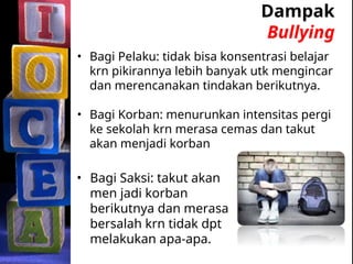 Dampak
Bullying
• Bagi Pelaku: tidak bisa konsentrasi belajar
krn pikirannya lebih banyak utk mengincar
dan merencanakan tindakan berikutnya.
• Bagi Korban: menurunkan intensitas pergi
ke sekolah krn merasa cemas dan takut
akan menjadi korban
• Bagi Saksi: takut akan
men jadi korban
berikutnya dan merasa
bersalah krn tidak dpt
melakukan apa-apa.
 