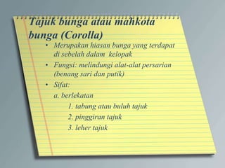 Tajuk bunga atau mahkota
bunga (Corolla)
• Merupakan hiasan bunga yang terdapat
di sebelah dalam kelopak
• Fungsi: melindungi alat-alat persarian
(benang sari dan putik)
• Sifat:
a. berlekatan
1. tabung atau buluh tajuk
2. pinggiran tajuk
3. leher tajuk
 