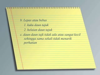 b. Lepas atau bebas
1. kuku daun tajuk
2. helaian daun tajuk
c. daun-daun tajk tidak ada atau sangat kecil
sehingga sama sekali tidak menarik
perhatian
 
