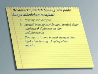 Berdasarka jumlah benang sari pada
bunga dibedakan menjadi:
a. Benang sari banyak
b. Jumlah benang sari 2x lipat jumlah daun
tajuknya diplostemon dan
obdiplostemon
c. Benang sari sama banyak dengan daun
tajuk atau kurang  episepal dan
epipetal
 