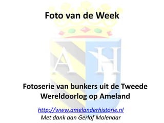 Foto van de Week

Fotoserie van bunkers uit de Tweede
Wereldoorlog op Ameland
http://www.amelanderhistorie.nl
Met dank aan Gerlof Molenaar

 
