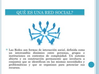 QUÉ ES UNA RED SOCIAL?QUÉ ES UNA RED SOCIAL?
 Las Redes son formas de interacción social, definida como
un intercambio dinámico entre personas, grupos e
instituciones en contextos de complejidad. Un sistema
abierto y en construcción permanente que involucra a
conjuntos que se identifican en las mismas necesidades y
problemáticas y que se organizan para potenciar sus
recursos.
 