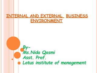 INTERNAL AND EXTERNAL BUSINESS
ENVIRONMENT
By-
Ms.Nida Qasmi
Asst. Prof.
Lotus institute of management
 