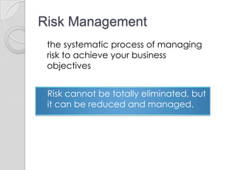 Risk Management	the systematic process of managing risk to achieve your business objectives	Risk cannot be totally eliminated, but it can be reduced and managed.