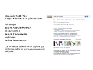 El operador AND (Y) o
el signo + delante de las palabras claves
Por ejemplo:
países AND americanos
es equivalente a
países Y americanos
y además a
países +americanos
Los resultados deberán incluir páginas que
contengan todos los términos que aparecen
indicados.
 