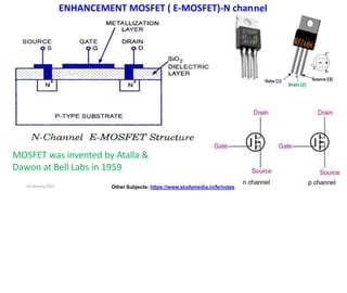 ENHANCEMENT MOSFET ( E-MOSFET)-N channel
MOSFET was invented by Atalla &
Dawon at Bell Labs in 1959
14 January 2022 5
Other Subjects: https://www.studymedia.in/fe/notes
 