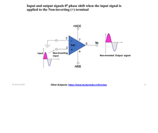 Input and output signals 00 phase shift when the input signal is
applied to the Non-inverting (+) terminal
2
4
7
6
-
741
+
+VCC
-VEE
Vo
3
Non-Inverting
input
input
Non-Inverted Output signal
Other Subjects: https://www.studymedia.in/fe/notes
16 January 2022 13
 
