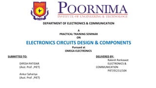 DEPARTMENT OF ELECTRONICS & COMMUNICATION 
A 
PRACTICAL TRAINING SEMINAR 
ON 
ELECTRONICS CIRCUITS DESIGN & COMPONENTS 
Pursued at 
OMEGA ELECTRONICS 
DELIVERED BY: 
Rakesh Rankawat 
ELECTRONICS & 
COMMUNICATION 
PIET/EC/11/104 
SUBMITTED TO: 
DIPESH PATIDAR 
(Asst. Prof. ,PIET) 
Ankur Sahariya 
(Asst. Prof. ,PIET) 
 