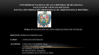 UNIVERSIDAD NACIONAL DE SAN CRISTOBAL DE HUAMANGA
FACULTAD DE CIENCIAS SOCIALES
ESCUELA DE FORMACIÓN PROFESIONAL DE ARQUEOLOGÍA E HISTORIA
DOCENTE: RODOLFO PAREDES,Justh
CURSO : CIENCIAS NATURALES
ALUMNOS: CAHUANA CALDERÓN, Diego
FLORES PALOMINO, Jhamin Julinho
GUTIERREZ YULGO, Yeny
HUAMANÍ DÍAZ, Alejandrino
SALVATIERRAAUCCAPUCLLA, Willy
TEMA: REVALORACIÓN DEL SITIO ARQUEOLÓGICO DE WAYRURO
 