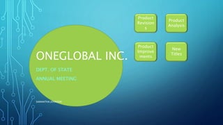 ONEGLOBAL INC.
DEPT. OF STATE
ANNUAL MEETING
SAMANTHA JOHNSON
Product
Revision
s
Product
Improve
ments
Product
Analysis
New
Titles
 