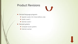 Product Revisions
 Revised language programs
 Spanish; Levels 2 & 3 (local editions only)
 Arabic; Level 3
 German; Level 2
 Revised systems
 Computer access systems
 Internet LiveCast
 