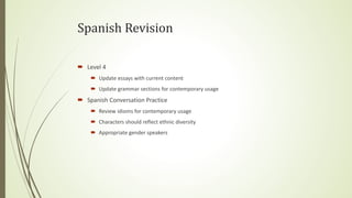 Spanish Revision
 Level 4
 Update essays with current content
 Update grammar sections for contemporary usage
 Spanish Conversation Practice
 Review idioms for contemporary usage
 Characters should reflect ethnic diversity
 Appropriate gender speakers
 