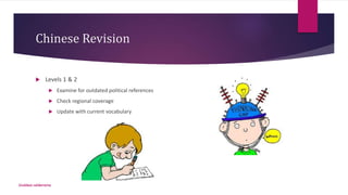 Chinese Revision
 Levels 1 & 2
 Examine for outdated political references
 Check regional coverage
 Update with current vocabulary
Goddess valderrama
 