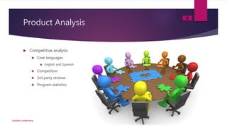 Product Analysis
 Competitive analysis
 Core languages
 English and Spanish
 Competition
 3rd party reviews
 Program statistics
Goddess valderrama
 