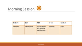 Morning Session
8:30 am 9 am 9:30 10 am 12:15 am
Assemble Introduction Year in review
Best sellers&
Blacklist titles
Revisions Lunch
KATIE VANAUKEN
 