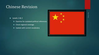 Chinese Revision
 Levels 1 & 2
 Examine for outdated political references
 Check regional coverage
 Update with current vocabulary
 