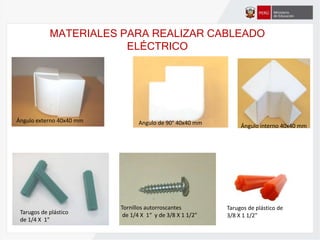 MATERIALES PARA REALIZAR CABLEADO
ELÉCTRICO
Ángulo externo 40x40 mm Angulo de 90° 40x40 mm
Tarugos de plástico
de 1/4 X 1"
Tornillos autorroscantes
de 1/4 X 1“ y de 3/8 X 1 1/2"
Tarugos de plástico de
3/8 X 1 1/2"
Ángulo interno 40x40 mm
 