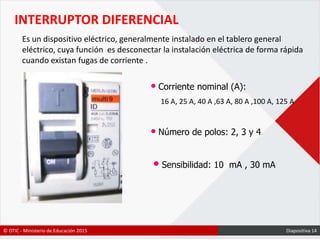 • Corriente nominal (A):
• Número de polos: 2, 3 y 4
• Sensibilidad: 10 mA , 30 mA
INTERRUPTOR DIFERENCIAL
16 A, 25 A, 40 A ,63 A, 80 A ,100 A, 125 A
Es un dispositivo eléctrico, generalmente instalado en el tablero general
eléctrico, cuya función es desconectar la instalación eléctrica de forma rápida
cuando existan fugas de corriente .
© OTIC - Ministerio de Educación 2015 Diapositiva 14
 
