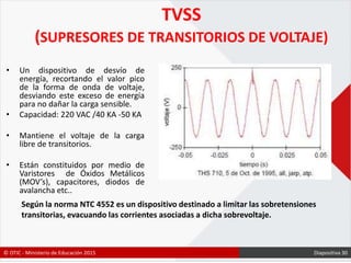 TVSS
(SUPRESORES DE TRANSITORIOS DE VOLTAJE)
• Un dispositivo de desvío de
energía, recortando el valor pico
de la forma de onda de voltaje,
desviando este exceso de energía
para no dañar la carga sensible.
• Capacidad: 220 VAC /40 KA -50 KA
• Mantiene el voltaje de la carga
libre de transitorios.
• Están constituidos por medio de
Varistores de Óxidos Metálicos
(MOV’s), capacitores, diodos de
avalancha etc..
Según la norma NTC 4552 es un dispositivo destinado a limitar las sobretensiones
transitorias, evacuando las corrientes asociadas a dicha sobrevoltaje.
© OTIC - Ministerio de Educación 2015 Diapositiva 30
 