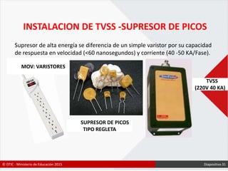 INSTALACION DE TVSS -SUPRESOR DE PICOS
Supresor de alta energía se diferencia de un simple varistor por su capacidad
de respuesta en velocidad (<60 nanosegundos) y corriente (40 -50 KA/Fase).
SUPRESOR DE PICOS
TIPO REGLETA
TVSS
(220V 40 KA)
MOV: VARISTORES
© OTIC - Ministerio de Educación 2015 Diapositiva 31
 