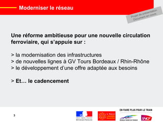 Une réforme ambitieuse pour une nouvelle circulation ferroviaire, qui s’appuie sur : > la modernisation des infrastructures > de nouvelles lignes à GV Tours Bordeaux / Rhin-Rhône > le développement d’une offre adaptée aux besoins >  Et…   le cadencement Moderniser le réseau Projet de présentation Document en cours 