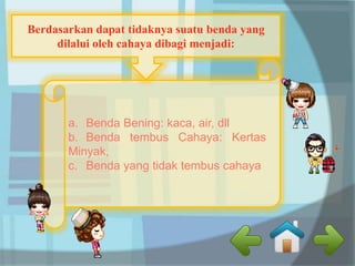 Berdasarkan dapat tidaknya suatu benda yang 
dilalui oleh cahaya dibagi menjadi: 
a. Benda Bening: kaca, air, dll 
b. Benda tembus Cahaya: Kertas 
Minyak, 
c. Benda yang tidak tembus cahaya 
 