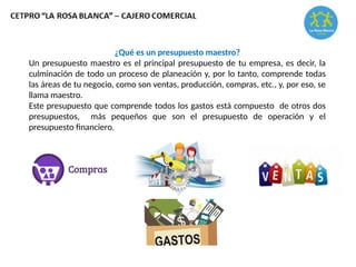¿Qué es un presupuesto maestro?
Un presupuesto maestro es el principal presupuesto de tu empresa, es decir, la
culminación de todo un proceso de planeación y, por lo tanto, comprende todas
las áreas de tu negocio, como son ventas, producción, compras, etc., y, por eso, se
llama maestro.
Este presupuesto que comprende todos los gastos está compuesto de otros dos
presupuestos, más pequeños que son el presupuesto de operación y el
presupuesto financiero.
 