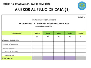 ANEXOS AL FLUJO DE CAJA (1)
ANEXO: 02
MANTENIMIENTO Y SERVICIOS SAC
PRESUPUESTO DE COMPRAS – PAGOS A PROVEEDORES
PERIODO ABRIL – JUNIO 2011
CONCEPTOS MARZO ABRIL MAYO JUNIO JULIO
S/. S/. S/. S/. S/.
COMPRAS (incluido IGV):
Compras al Contado (60%)
Compras al Crédito:
Pagos a 30 días (40%)
Pagos a 45 días
TOTAL PAGOS:
 