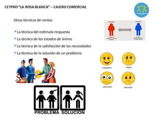 Otras técnicas de ventas
La técnica del estímulo-respuesta
La técnica de los estados de ánimo
La técnica de la satisfacción de las necesidades
La técnica de la solución de un problema
 