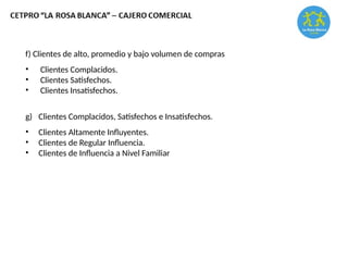 f) Clientes de alto, promedio y bajo volumen de compras
• Clientes Complacidos.
• Clientes Satisfechos.
• Clientes Insatisfechos.
g) Clientes Complacidos, Satisfechos e Insatisfechos.
• Clientes Altamente Influyentes.
• Clientes de Regular Influencia.
• Clientes de Influencia a Nivel Familiar
 