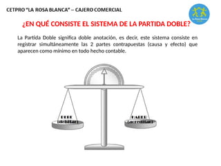 La Partida Doble significa doble anotación, es decir, este sistema consiste en
registrar simultáneamente las 2 partes contrapuestas (causa y efecto) que
aparecen como mínimo en todo hecho contable.
¿EN QUÉ CONSISTE EL SISTEMA DE LA PARTIDA DOBLE?
 