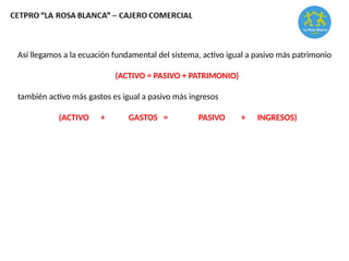 Así llegamos a la ecuación fundamental del sistema, activo igual a pasivo más patrimonio
(ACTIVO = PASIVO + PATRIMONIO)
también activo más gastos es igual a pasivo más ingresos
(ACTIVO + GASTOS = PASIVO + INGRESOS)
 