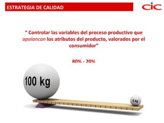 ESTRATEGIA DE CALIDAD



      “ Controlar las variables del proceso productivo que
     apalancan los atributos del producto, valorados por el
                           consumidor”

                          80% - 20%
 