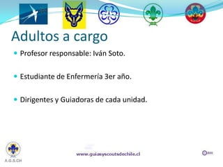 Adultos a cargo
 Profesor responsable: Iván Soto.


 Estudiante de Enfermería 3er año.


 Dirigentes y Guiadoras de cada unidad.
 