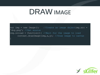 DRAW IMAGE
var img = new Image();   //Create an image objectimg.src =
'dog.png'; //Set source
img.onload = function(){ //Wait for the image to load
      context.drawImage(img,x,y); //Draw image to canvas
}
 