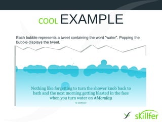 COOL EXAMPLE
Each bubble represents a tweet containing the word "water". Popping the
bubble displays the tweet.
 