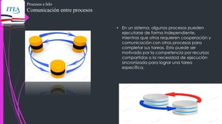 Procesos e hilo
Comunicación entre procesos
• En un sistema, algunos procesos pueden
ejecutarse de forma independiente,
mientras que otros requieren cooperación y
comunicación con otros procesos para
completar sus tareas. Esto puede ser
motivado por la competencia por recursos
compartidos o la necesidad de ejecución
sincronizada para lograr una tarea
específica.
 