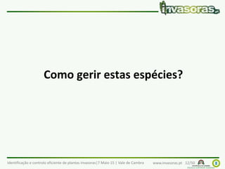 Identificação e controlo eficiente de plantas invasoras|7 Maio 15 | Vale de Cambra www.invasoras.pt 12/50
Como gerir estas espécies?
 