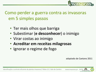 Identificação e controlo eficiente de plantas invasoras|7 Maio 15 | Vale de Cambra www.invasoras.pt 14/50
Como perder a guerra contra as invasoras
em 5 simples passos
• Ter mais olhos que barriga
• Subestimar (e desconhecer) o inimigo
• Virar costas ao inimigo
• Acreditar em receitas milagrosas
• Ignorar o regime de fogo
adaptado de Caetano 2011
 