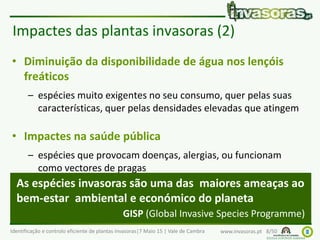 Identificação e controlo eficiente de plantas invasoras|7 Maio 15 | Vale de Cambra www.invasoras.pt 8/50
Impactes das plantas invasoras (2)
• Diminuição da disponibilidade de água nos lençóis
freáticos
– espécies muito exigentes no seu consumo, quer pelas suas
características, quer pelas densidades elevadas que atingem
• Impactes na saúde pública
– espécies que provocam doenças, alergias, ou funcionam
como vectores de pragas
• …
As espécies invasoras são uma das maiores ameaças ao
bem-estar ambiental e económico do planeta
GISP (Global Invasive Species Programme)
 