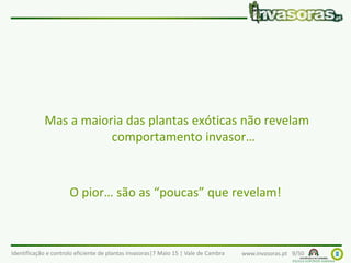 Identificação e controlo eficiente de plantas invasoras|7 Maio 15 | Vale de Cambra www.invasoras.pt 9/50
Mas a maioria das plantas exóticas não revelam
comportamento invasor…
O pior… são as “poucas” que revelam!
 