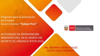 Programa para la Generación
del Empleo
Social Inclusivo “Trabaja Perú”
ACTIVIDADES DE INTERVENCIÓN
INMEDIATA (AII), EN EL MARCO DEL
DECRETO DE URGENCIA N°070-2020
ING. ROXANNA CASTRO PUELLES
EQUIPO ZONAL APURIMAC
 