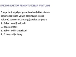 Fungsi jantung dipengaruhi oleh 4 faktor utama
dlm menentukan volum sekuncup ( stroke
volume) dan curah jantung (cardiac output) :
1. Beban awal (preload)
2. Kontraktilitas
3. Beban akhir (afterload)
4. Frekuensi jantung
 