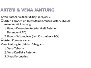 Arteri Koronaria dapat di bagi menjadi 2:
 Arteri koroner kiri (Left Main Coronaria Artery-LMCA)
mempunyai 2 cabang
1. Ramus Desenden Anterior (Left Anterior
Desenden-LAD)
2. Ramus Sirkumpleks (Left Circumflex – LCx)
 Arteri Koroner Kanan
Vena Jantung terdiri dari 3 bagian :
1. Vena Tebesian
2. Vena Kardiaka Anterior
3. Sinus Koronarius
 