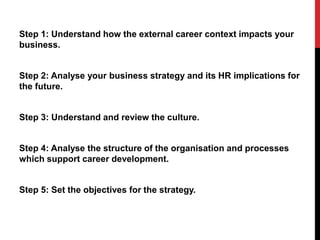 Step 1: Understand how the external career context impacts your
business.
Step 2: Analyse your business strategy and its HR implications for
the future.
Step 3: Understand and review the culture.
Step 4: Analyse the structure of the organisation and processes
which support career development.
Step 5: Set the objectives for the strategy.
 